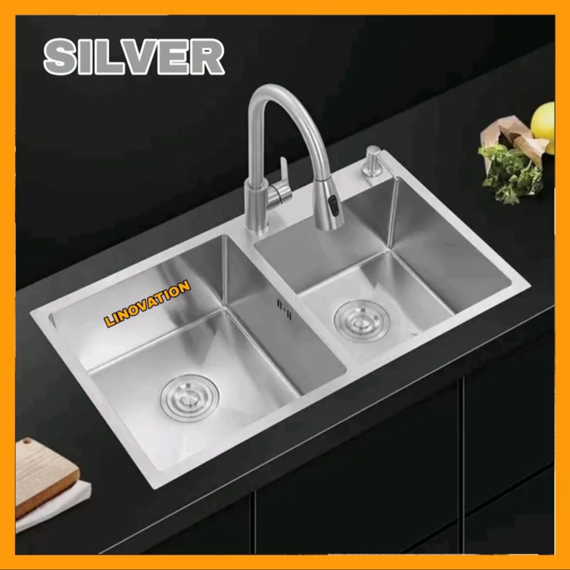Kitchen Sink Wastafel Cuci Piring 2 lubang Stainless Steel SUS 304 - Silver Komplit
