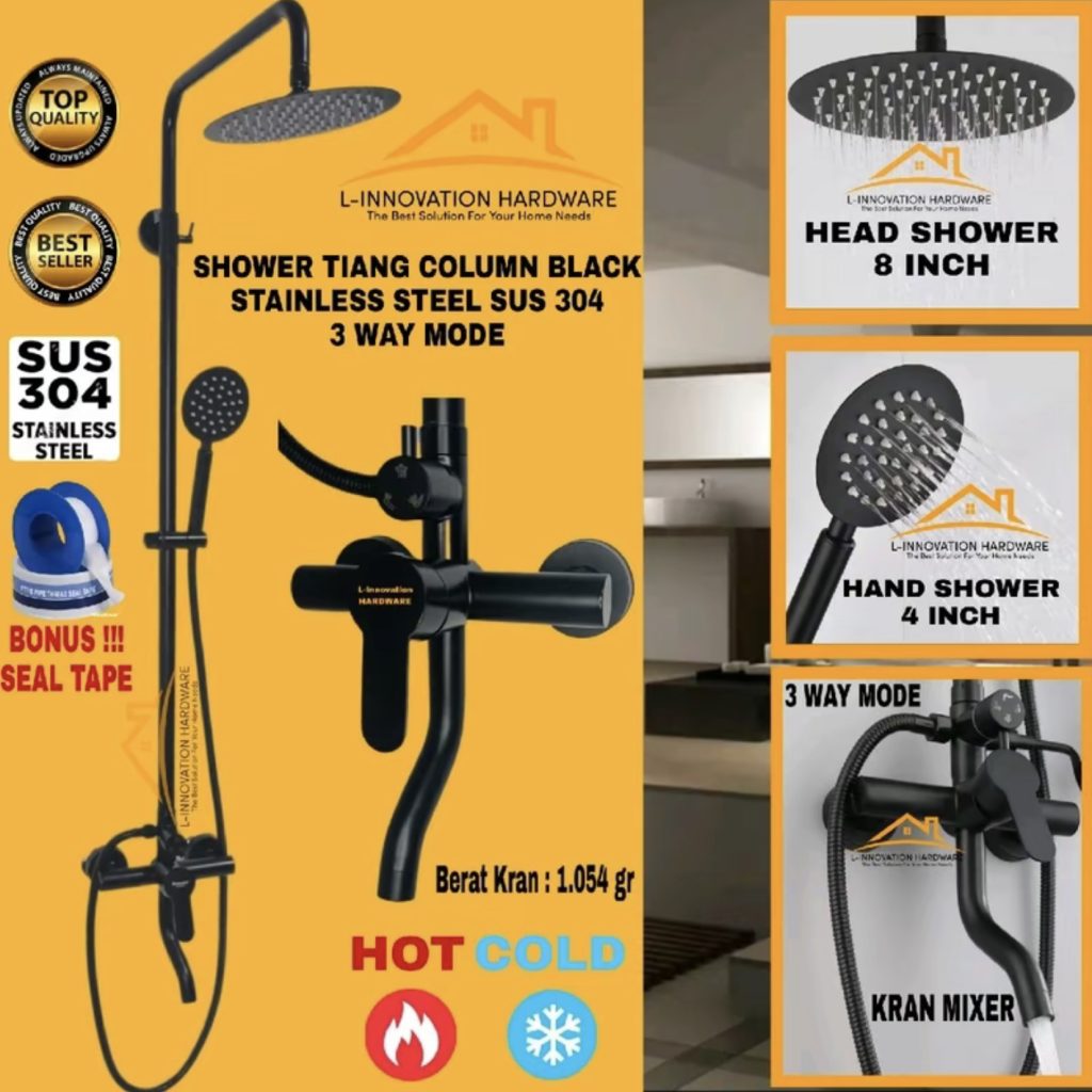 Shower Tiang Set (Panas & Dingin) Full Stainless Steel SUS 304 - Shower Bulat