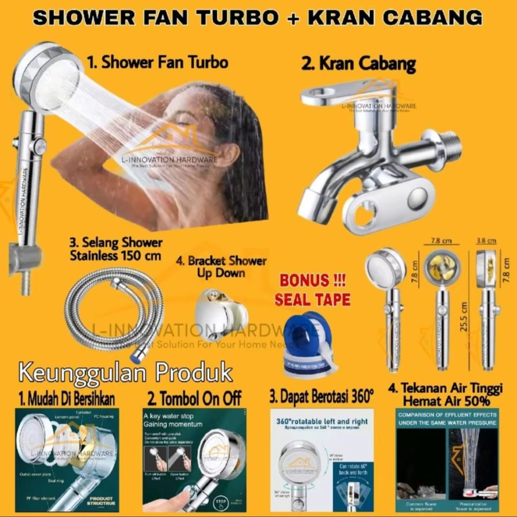 Paket Shower Mandi Fan Turbo on off Hand Shower Set