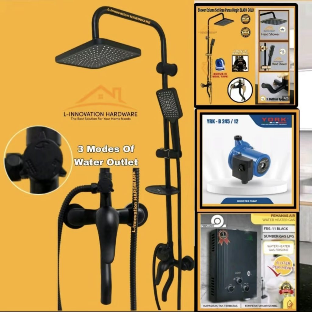 Paket Komplit Shower Tiang Coloumn + Water Heater Gas + Mesin Pendorong Pompa Booster