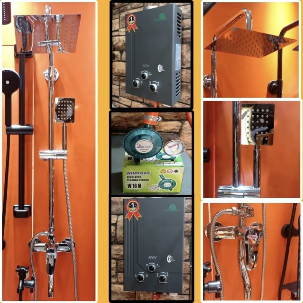 Paket Komplit Shower Tiang Panas Dingin + Water Heater + Selang Regulator Gas
