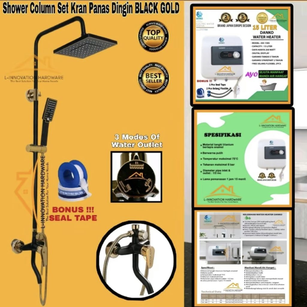 Paket Komplit Shower Tiang Panas Dingin + Water Heater Listrik Danko 15 Liter