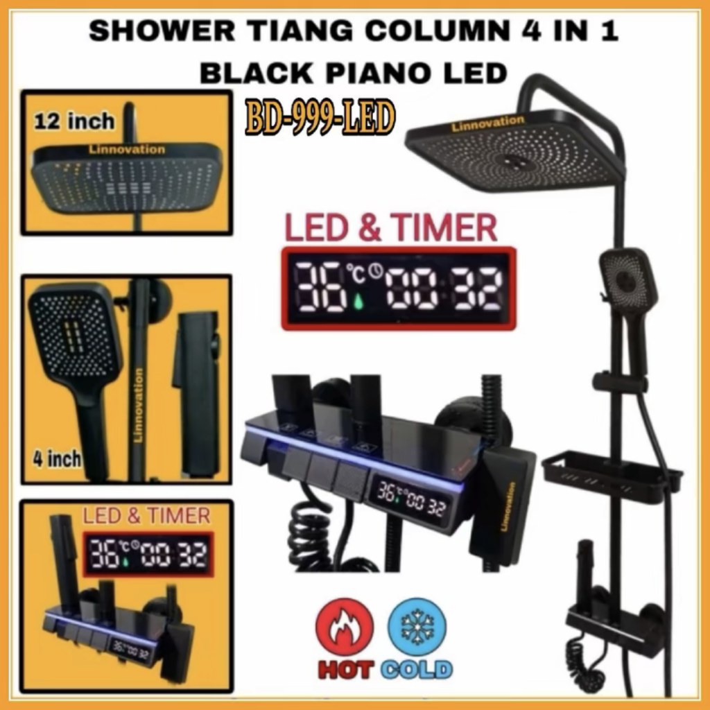 Shower Tiang Set Kran Mixer Tombol Piano LED 4 IN 1 Pipa Selang Keran Air Panas Dingin Kotak Jet