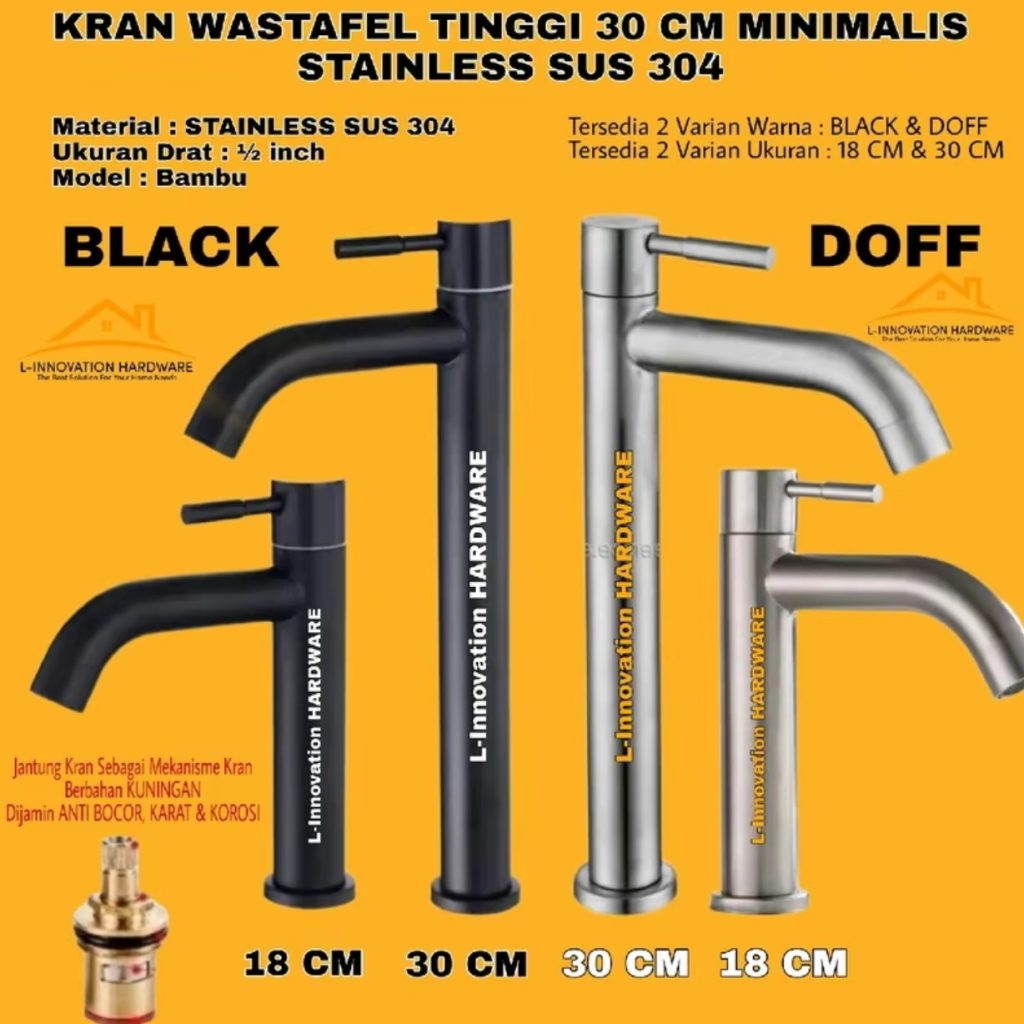Keran Wastafel  Stainless Steel SUS 304 Black (Model Bambu Minimalis)