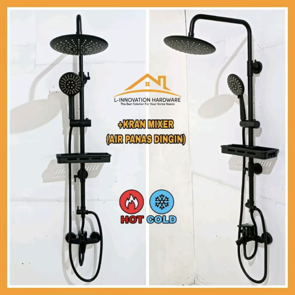 Shower Tiang Coloumn Set Kran Dingin Kuningan Bulat Hitam