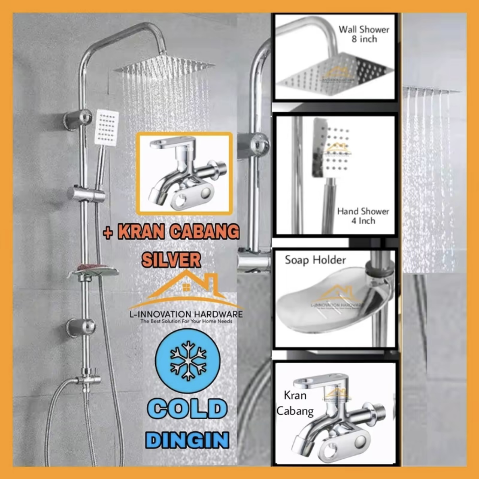 Shower Tiang Coloumn Set (Panas & Dingin) Full Silver Chrome Stainless Steel SUS 304