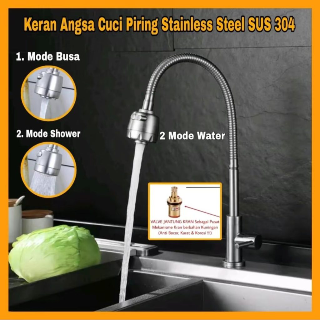 Kran Sink Cuci Piring Angsa Fleksibel Tanam/Meja Stainless Steel SUS 304