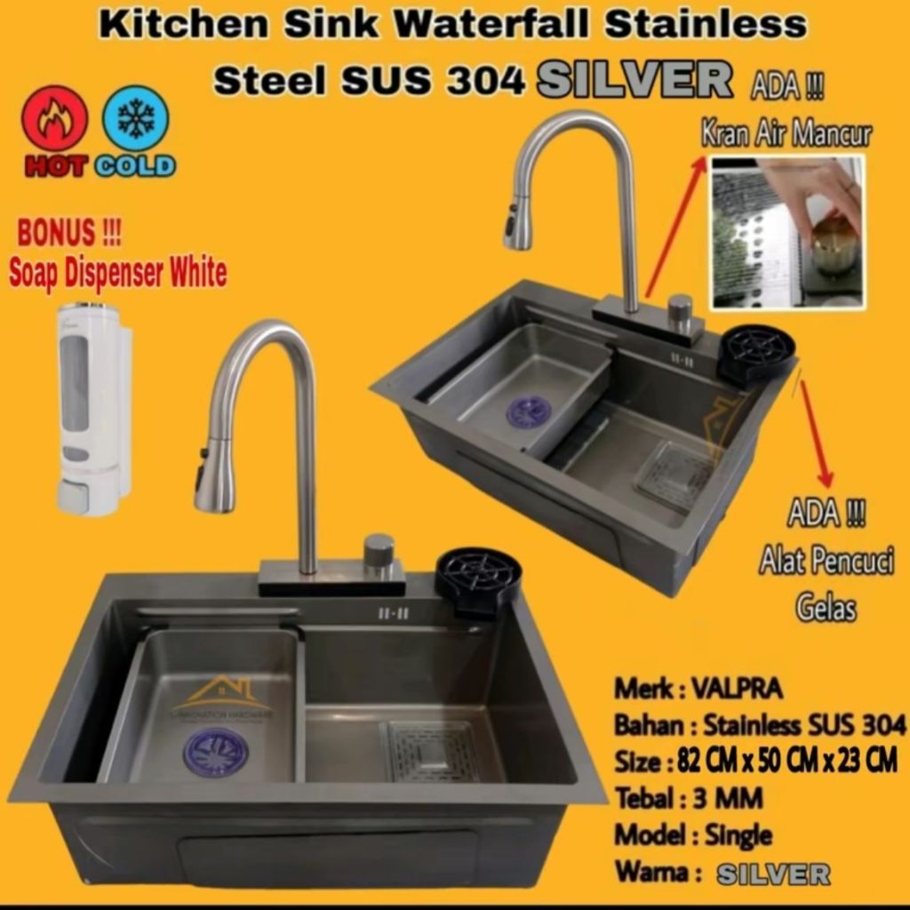 Kitchen Sink Waterfall 6545 1 Lubang  Stainless Steel SUS 304 (Komplit Set) Silver